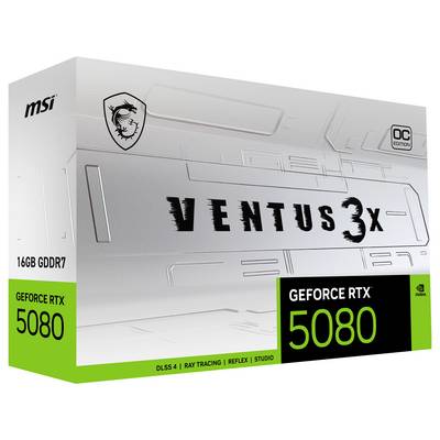 'GeForce RTX 5080 VENTUS 3X OC Edition' Verpackung zeigt Grafikkartendetails: 16GB GDDR7, DLSS 4, Ray Tracing, Reflex, Studio, MSI Logo.