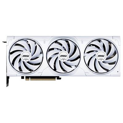Weiße Grafikkarte mit drei großen Lüftern. MSI-Logo auf jedem Lüfter. Geeignet für leistungsintensive Computeranwendungen.