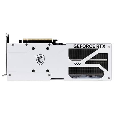 Weiße Rückseite einer GeForce RTX Grafikkarte mit schwarz-weißen Designelementen und dem Emblem eines Drachen.