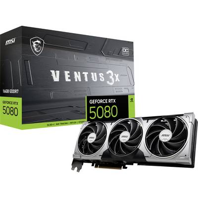 Grafikkartenverpackung und -gerät von MSI, Modell 'Ventus 3X GeForce RTX 5080', mit drei Lüftern, für Gaming und Grafikleistung.