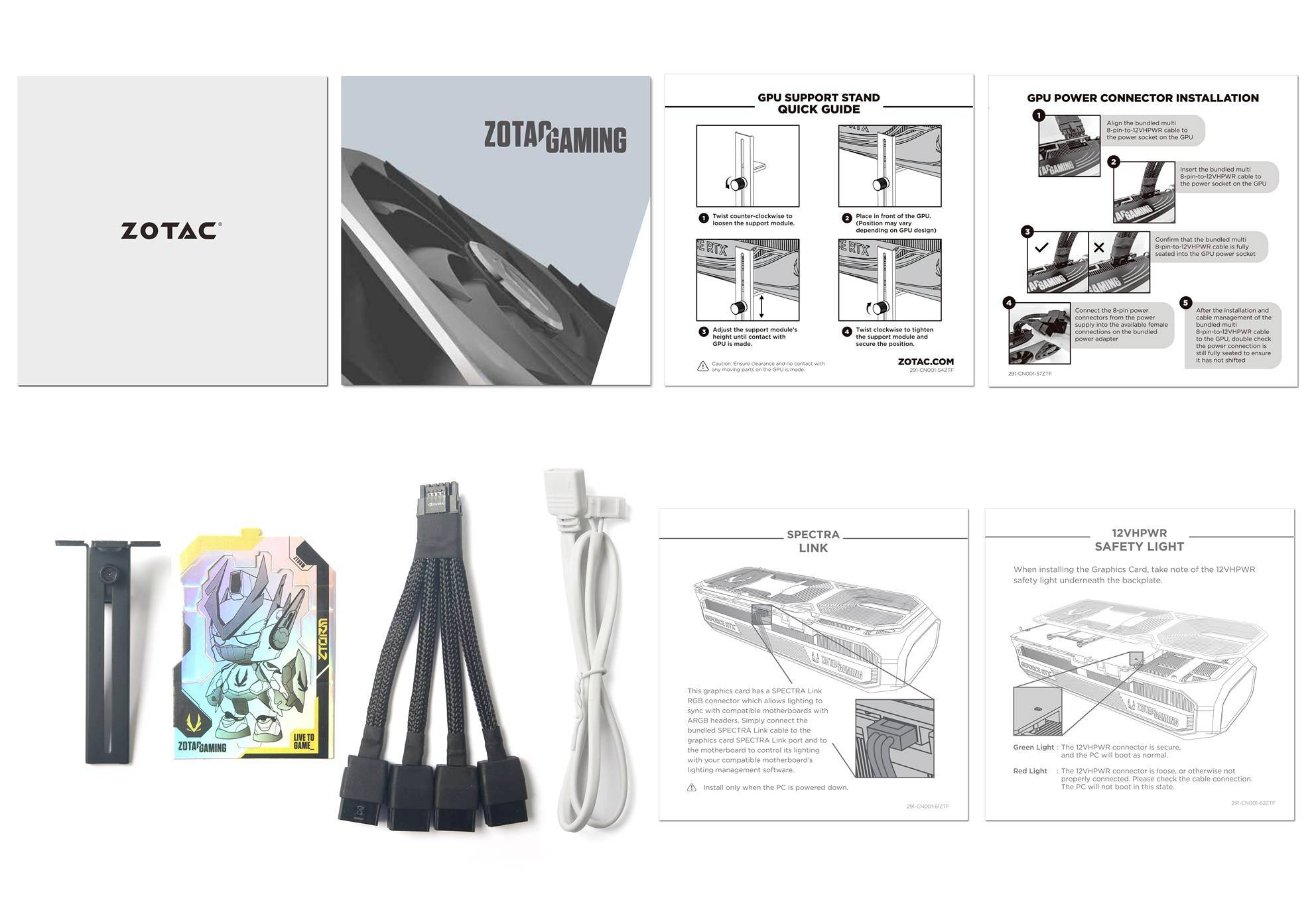 Verpackungsinhalt einer Grafikkarte: Installationsanleitung, GPU-Halterung, Stromkabel, und Adapter. ZOTAC-GAMING-Design.