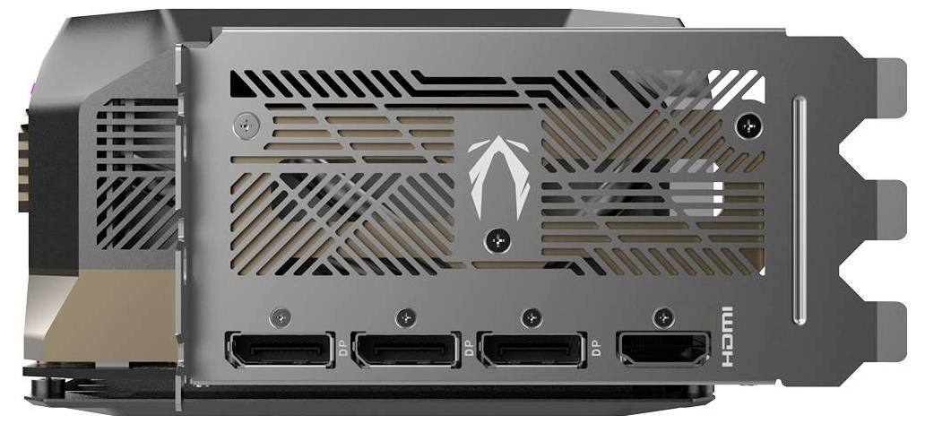 'Grafikkarte von hinten mit sichtbaren Anschlüssen: drei DisplayPort-Anschlüsse und ein HDMI-Anschluss, geeignet für mehrere Monitore.'