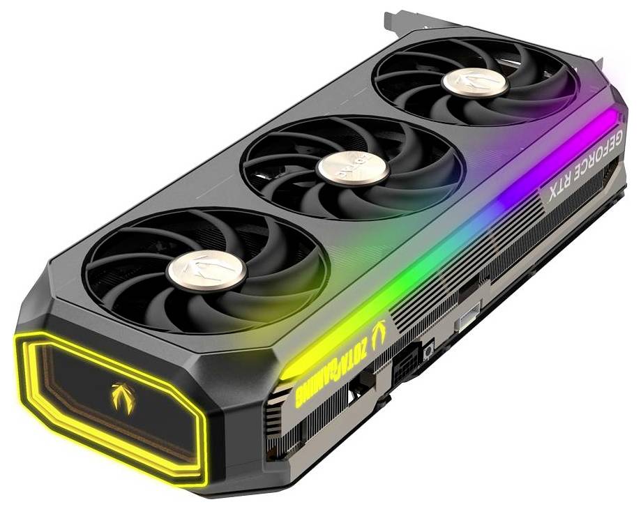 Eine Grafikkarte mit drei Lüftern und RGB-Beleuchtung an der Seite. Aufschrift: 'GEFORCE RTX'.