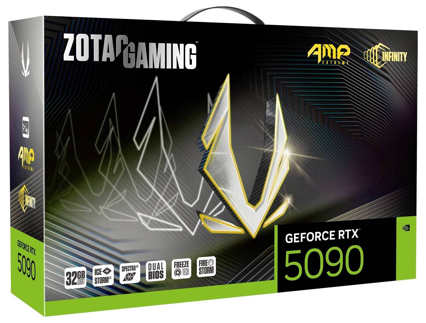 Schwarzes Verpackungsdesign für 'ZOTAC GAMING' GeForce RTX 5090 Grafikkarte mit goldfarbenem Logo und Text: 32GB, AMP Extreme, Dual BIOS.