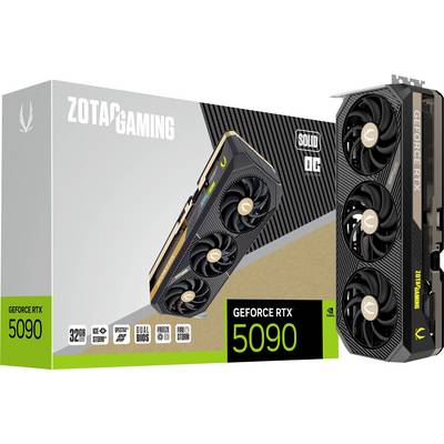 Eine 'ZOTAC Gaming GeForce RTX 5090' Grafikkartenbox und die Karte selbst mit drei Lüftern, hervorgehoben durch 'SOLID OC' und '32GB'.
