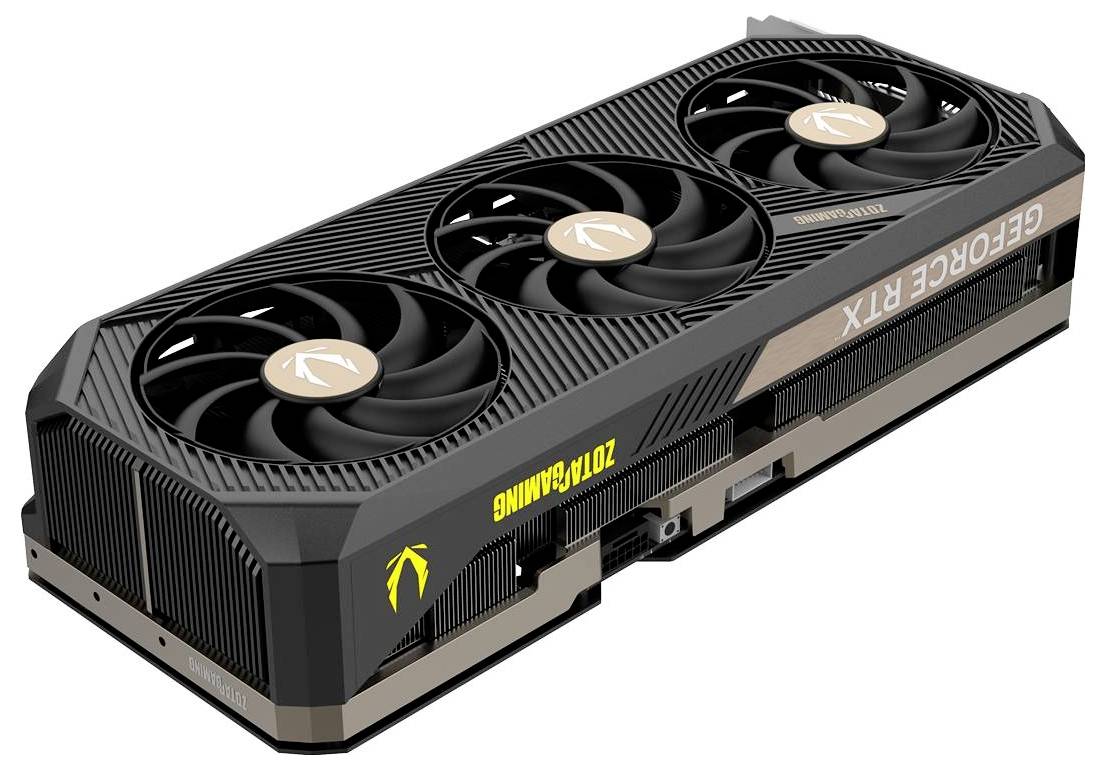Eine schwarze und goldene Grafikkarte mit drei Lüftern und der Aufschrift 'GEFORCE RTX'. Geeignet für leistungsintensive PC-Spiele.