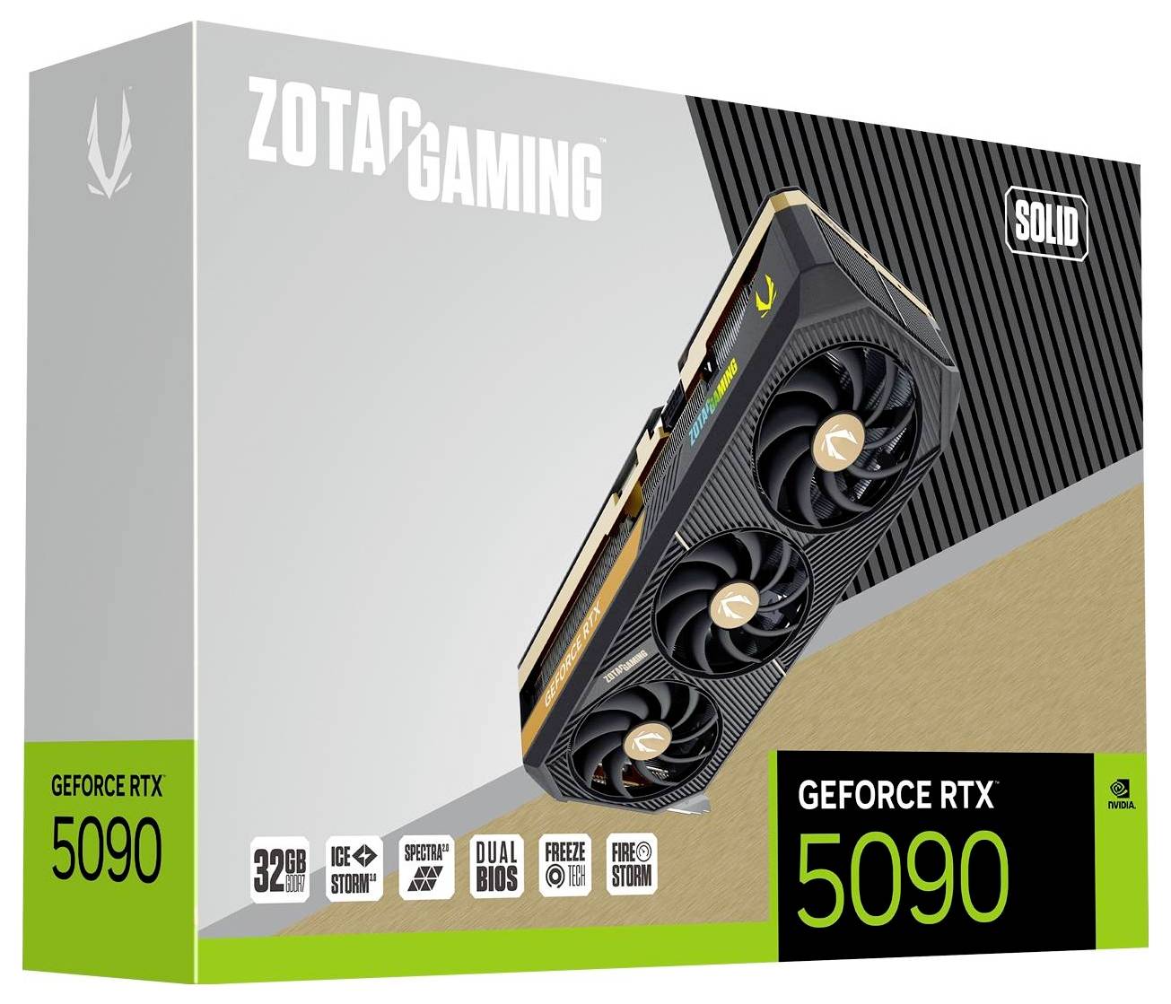 Verpackung einer ZOTAC GAMING Grafikkarte, Modell GeForce RTX 5090, 32 GB. Enthält Logos und technische Merkmale.