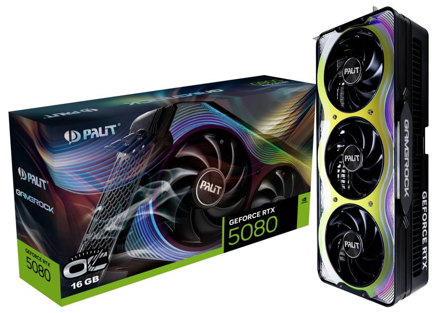 Grafikkarte Palit GeForce RTX 5080 mit 16 GB und dreifachem Lüfterdesign, daneben die Verpackung mit Markenlogo und Produktname.