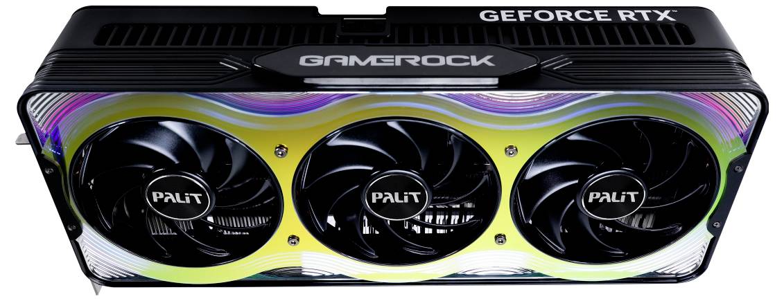 Grafikkarte Palit GeForce RTX mit drei Lüftern und leuchtendem Gamerock-Logo auf der Oberseite.