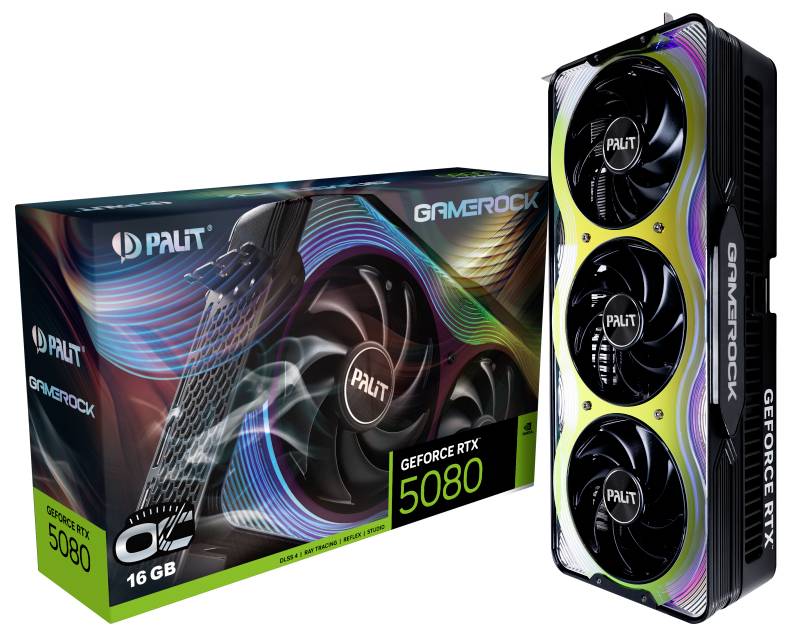 Eine dreifach-lüftergekühlte Grafikkarte von Palit, Modell GeForce RTX, in schwarzem und schillerndem Design mit der Aufschrift 'GAMEROCK'.