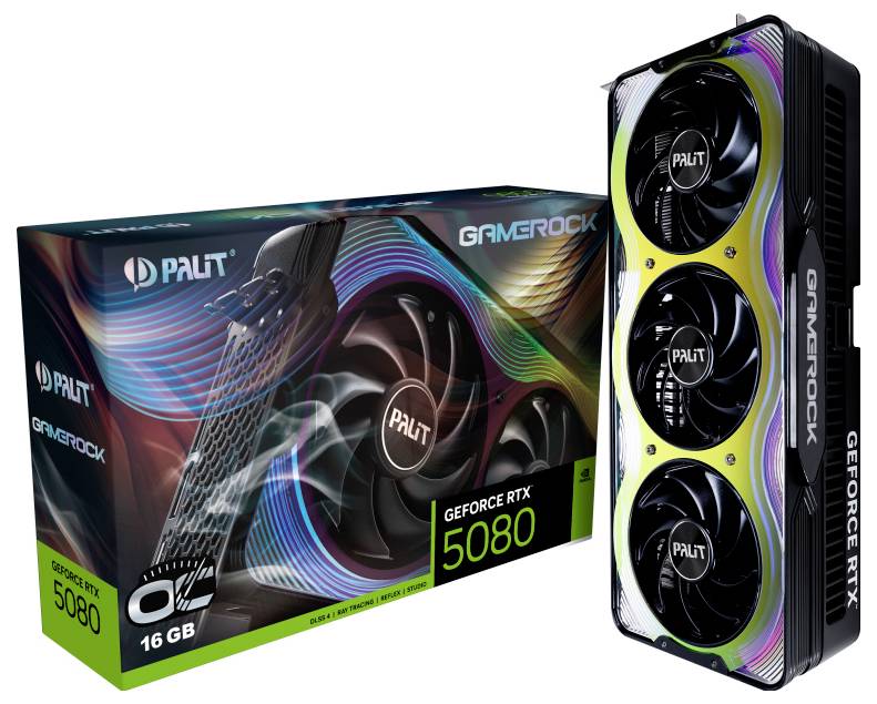 'Palit GeForce RTX 5080 Gamerock' Grafikkarte mit dreifachem Lüfterdesign, neben der Verpackung gezeigt.