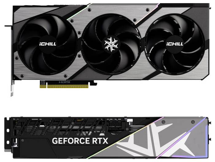 Grafikkarte mit drei Lüftern, beschriftet mit 'iCHILL' auf der Vorderseite. Seitlich steht 'GEFORCE RTX'.