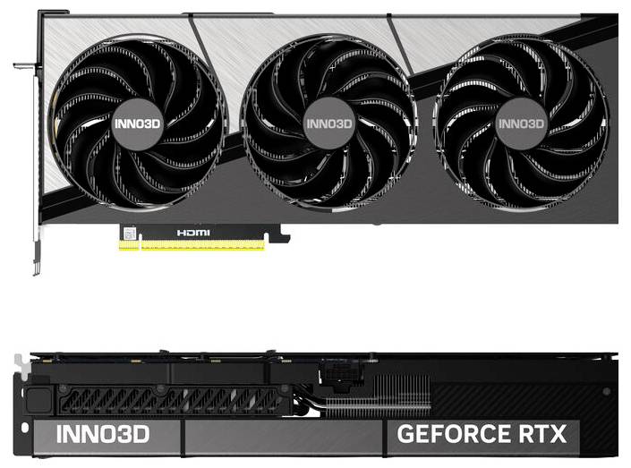 'INNO3D GeForce RTX' Grafikkarte mit drei Lüftern. Seitenansicht zeigt Anschlüsse und Markenname.