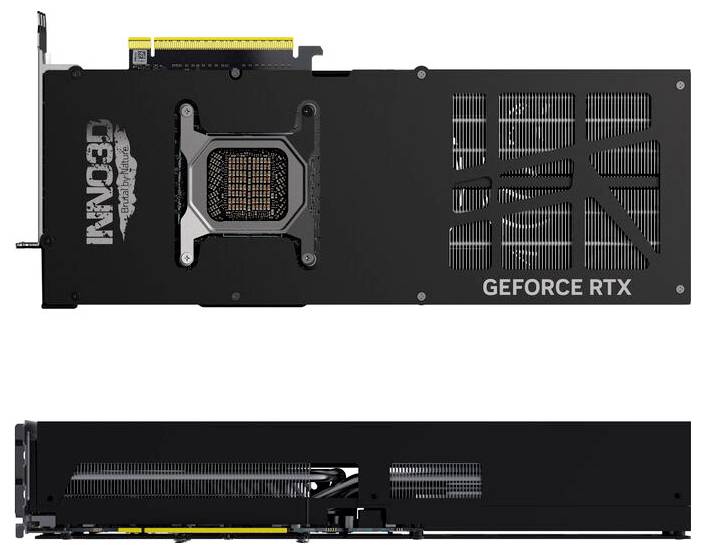 Grafikkarte von hinten und seitlich; "GEFORCE RTX" Aufschrift sichtbar; zeigt Lüftungsöffnungen und technische Details.