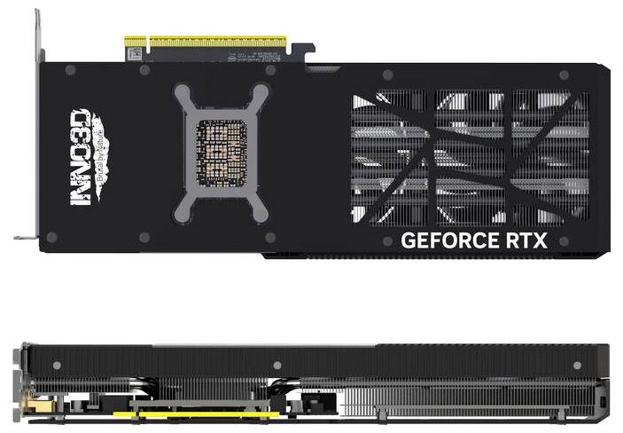 Ansicht einer 'Inno3D GeForce RTX' Grafikkarte von oben und der Seite. Sichtbar sind Kühlventilatoren und der Anschlussbereich.