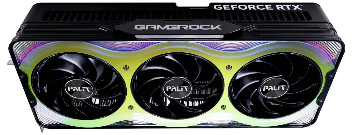 Eine 'Palit GeForce RTX' Grafikkarte mit drei Lüftern und leuchtenden RGB-Elementen, geeignet für leistungsstarkes Gaming.