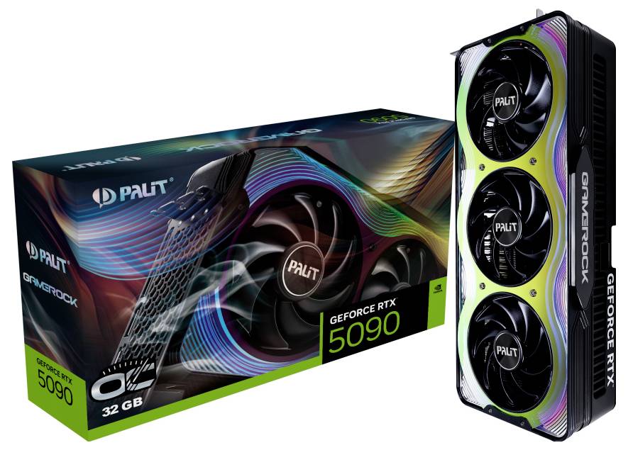 Grafikkarte mit drei Lüftern neben ihrer Verpackung. Die Verpackung zeigt das Palit und Gamerock Logo sowie die Bezeichnung 'GeForce RTX 5090'.