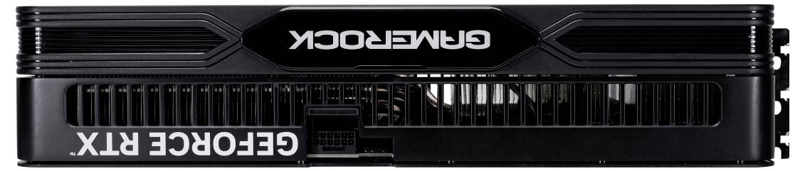 Grafikkarte mit dem Text 'GAMEROCK' auf der Oberseite und 'GEFORCE RTX' an der Seite. Ventilatordesign und Anschlüsse sind sichtbar.