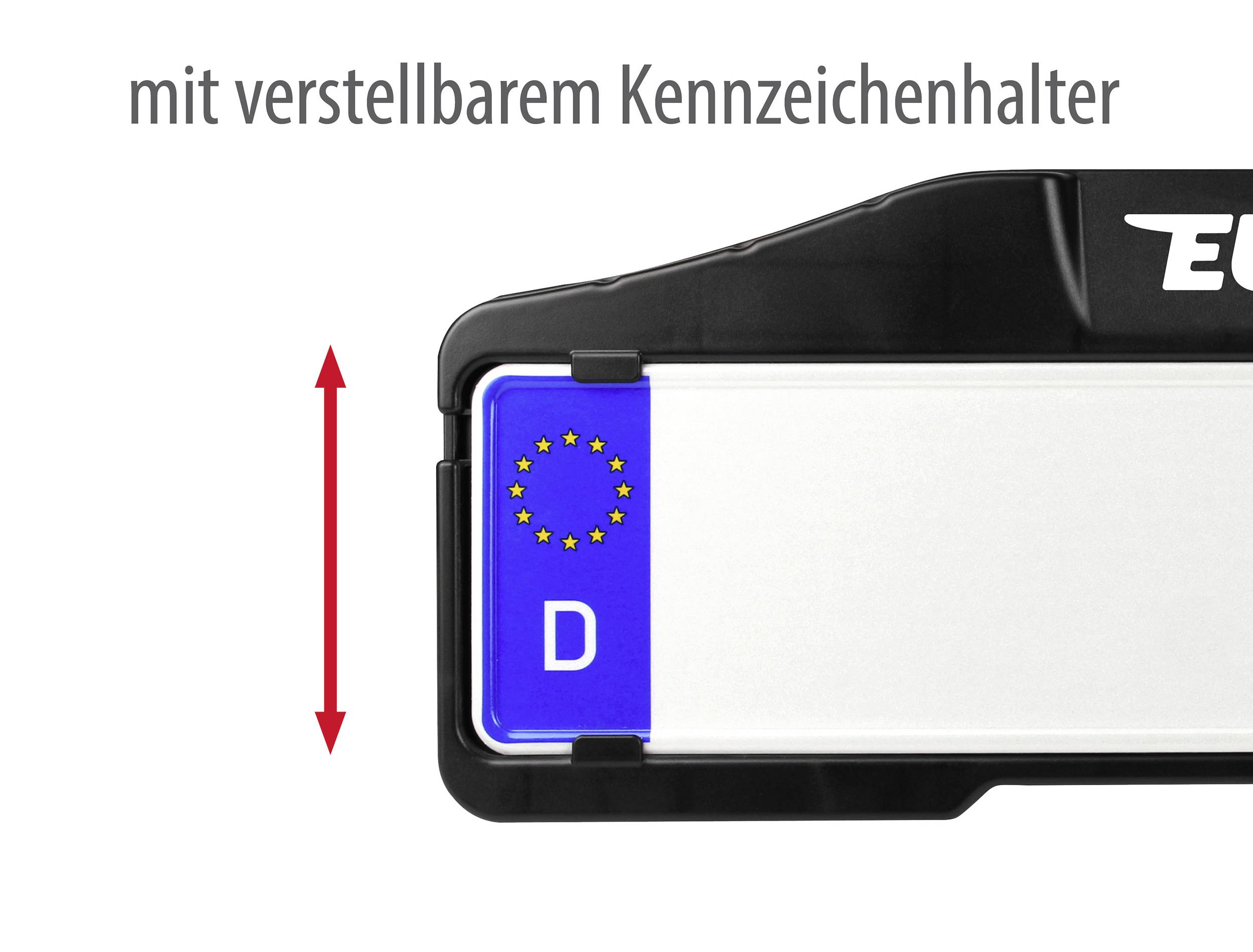 'Rechtsausschnitt eines KFZ-Kennzeichens mit EU-Symbol und Buchstabe D. Pfeil zeigt vertikale Verschiebbarkeit des Halters.'