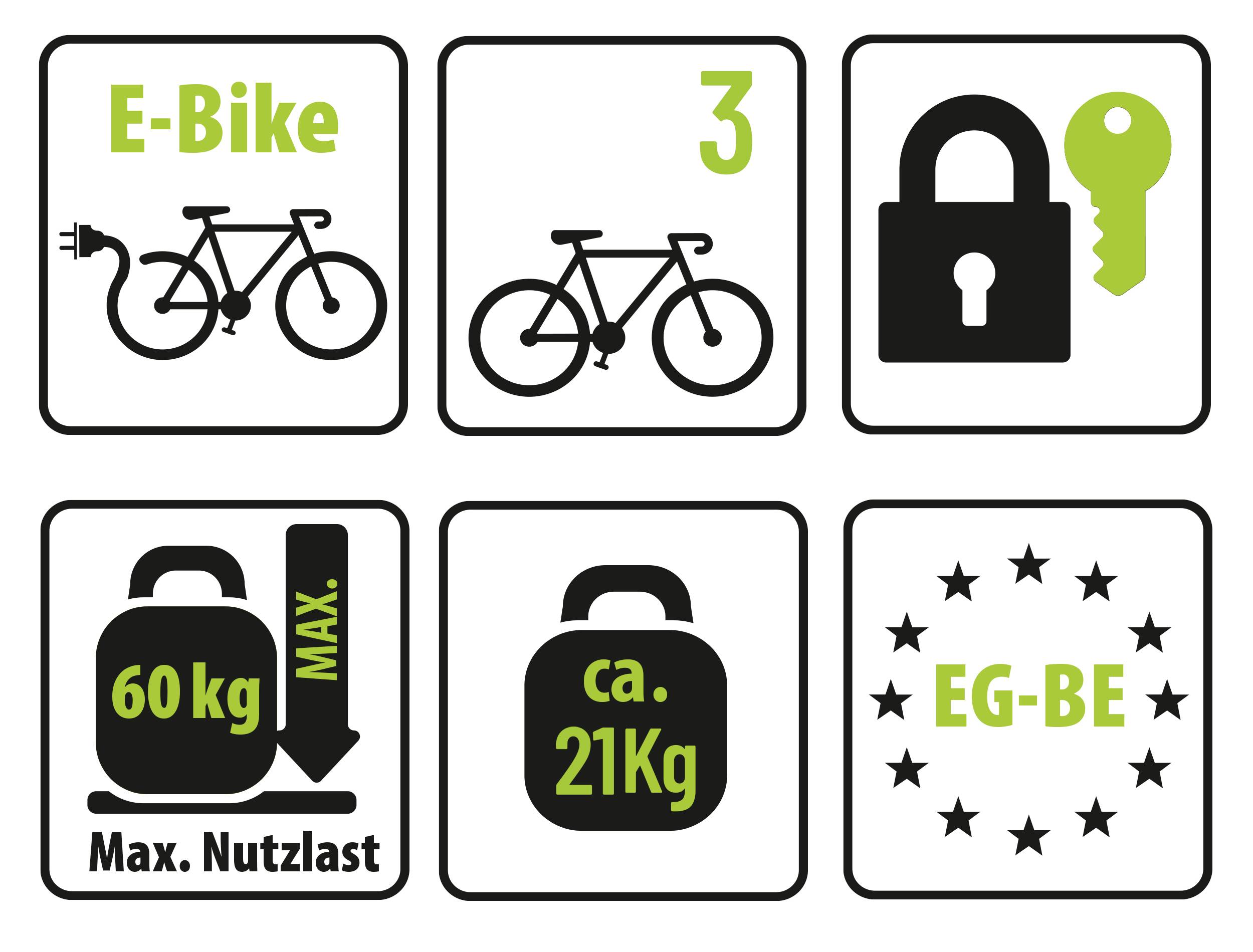 'Piktogramm-Set: E-Bike mit Stecker, Zahl 3 und Fahrradsymbol, Schloss mit Schlüssel, Max. Nutzlast 60 kg, Gewicht ca. 21 kg, Sternenkranz mit "EG-BE".'