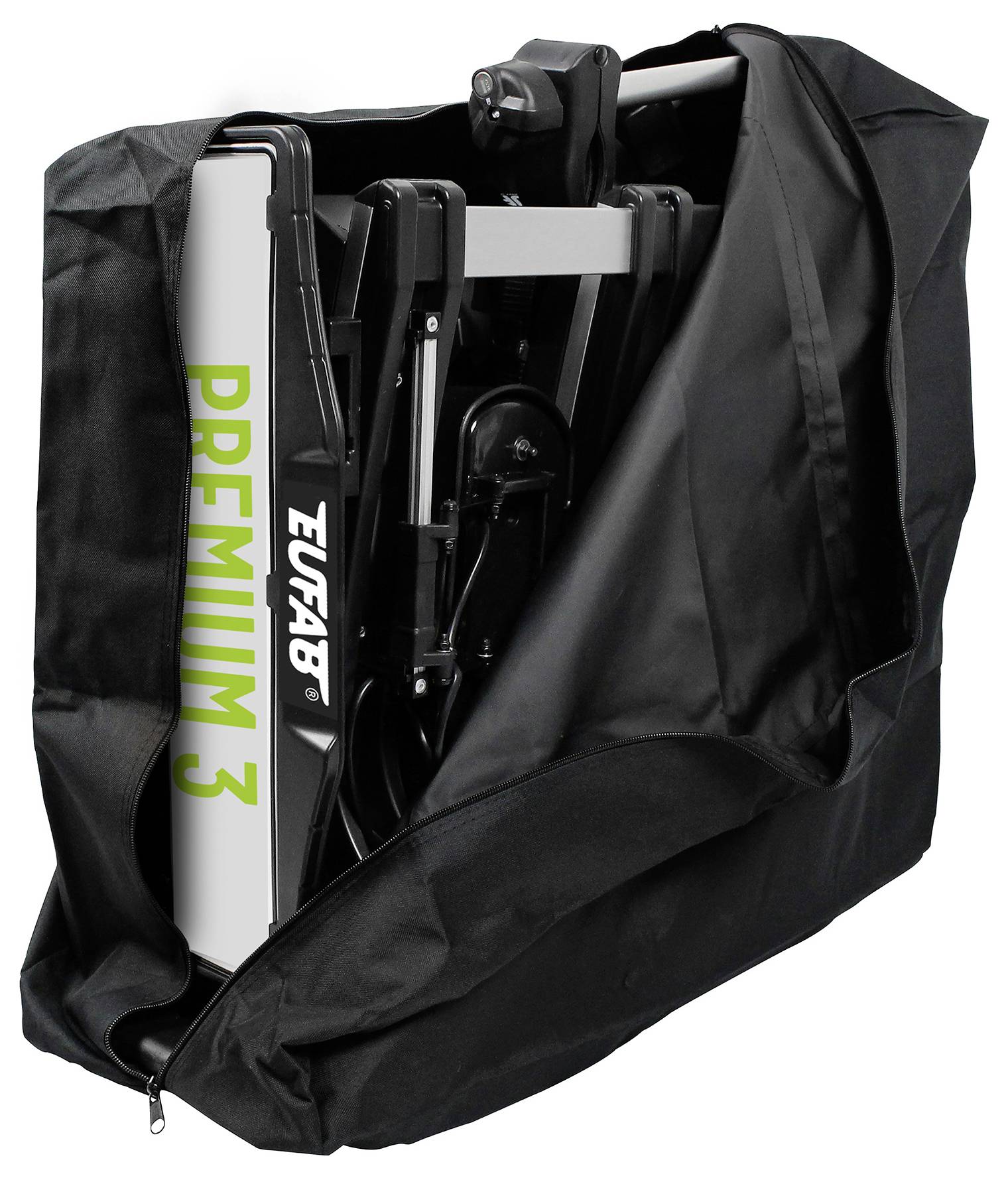 Zusammengeklapptes Tretroller-Modell "Premium 3" in schwarzer Tasche, geeignet für einfachen Transport und Lagerung.