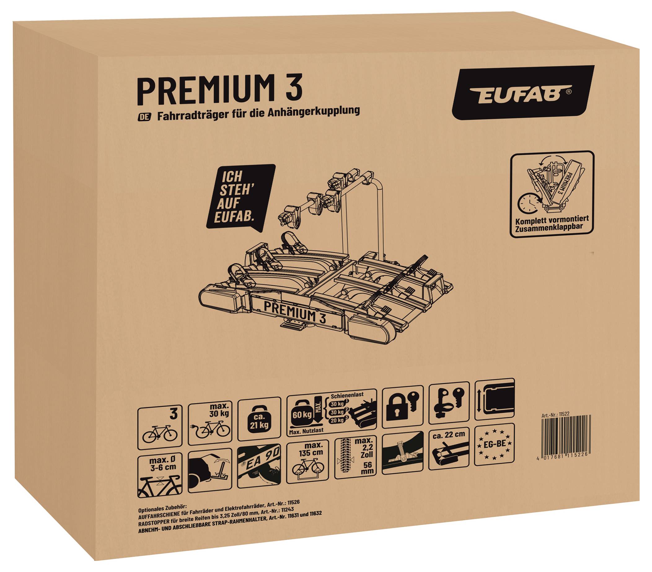 Kartonschachtel eines Fahrradträgers mit der Aufschrift 'Premium 3'. Abbildung zeigt montierten Träger für Anhängerkupplung und Funktionen.