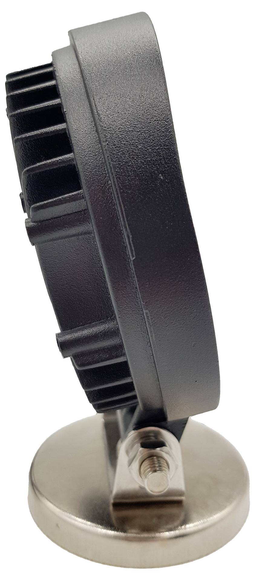 Rundes, schwarzes LED-Licht mit Kühlrippen auf einem magnetischen Standfuß, seitliche Ansicht.用于技