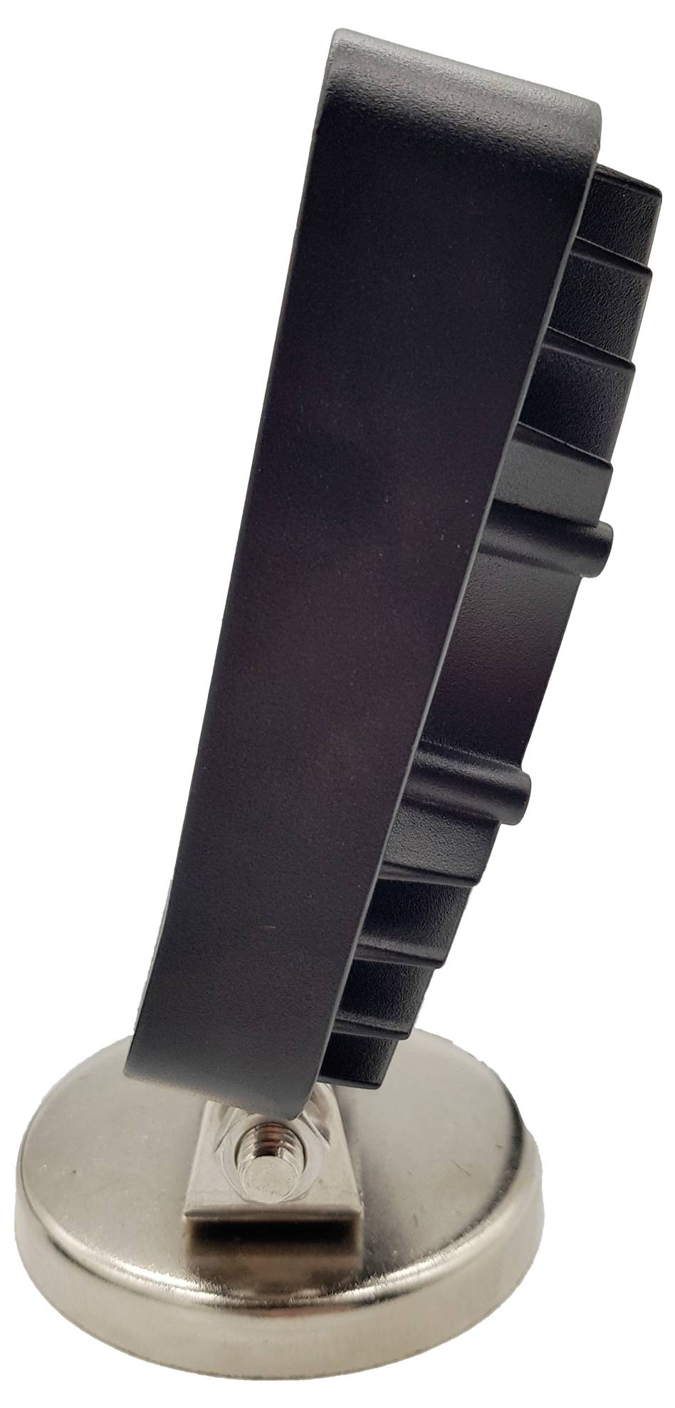 Ein schwarzer Kunststoffhalter mit mehreren Schlitzen auf einer runden, silbernen Metallbasis. Kippen des Halters nach rechts.