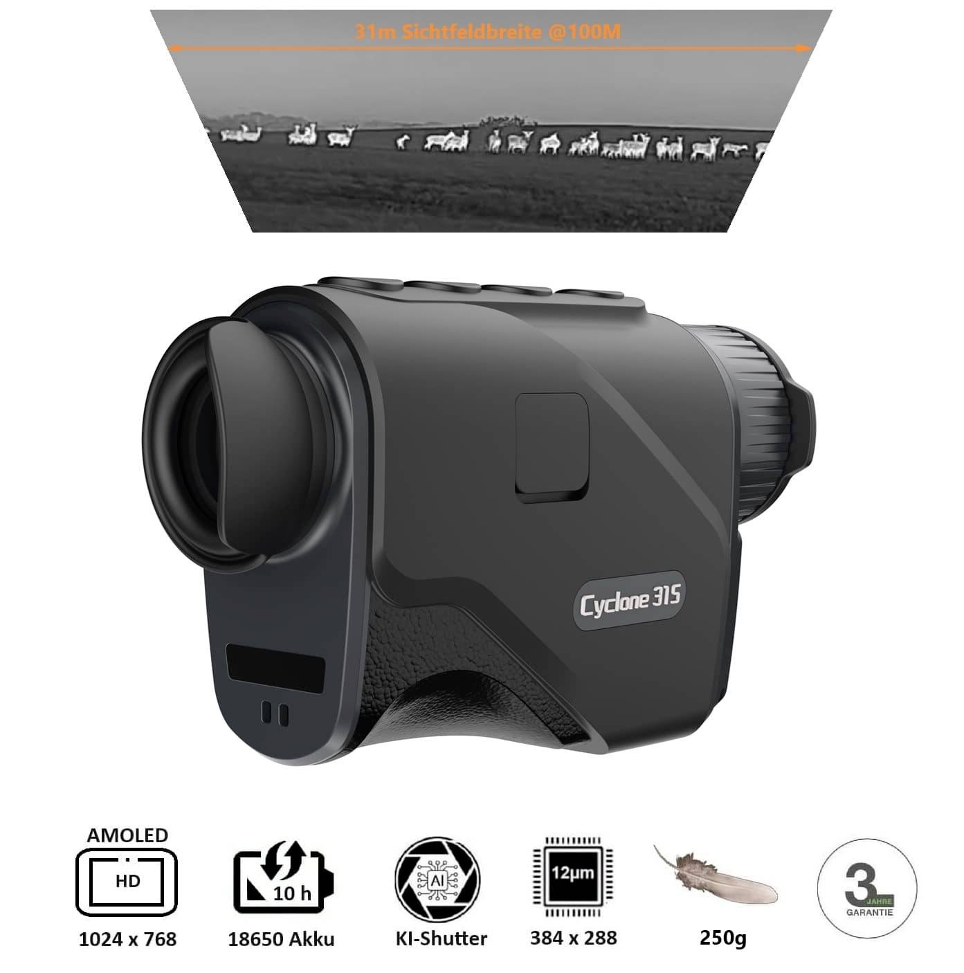Das Bild zeigt ein Nachtsichtgerät 'Cyclone 315' mit technischen Details: AMOLED-Display, 10h Akku, KI-Shutter, 384x288 Auflösung, 250g.