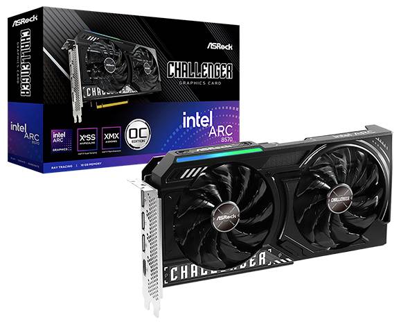 Grafikkarte ASRock Challenger auf weißem Hintergrund neben Verpackung, darauf steht 'Intel Arc A570'.