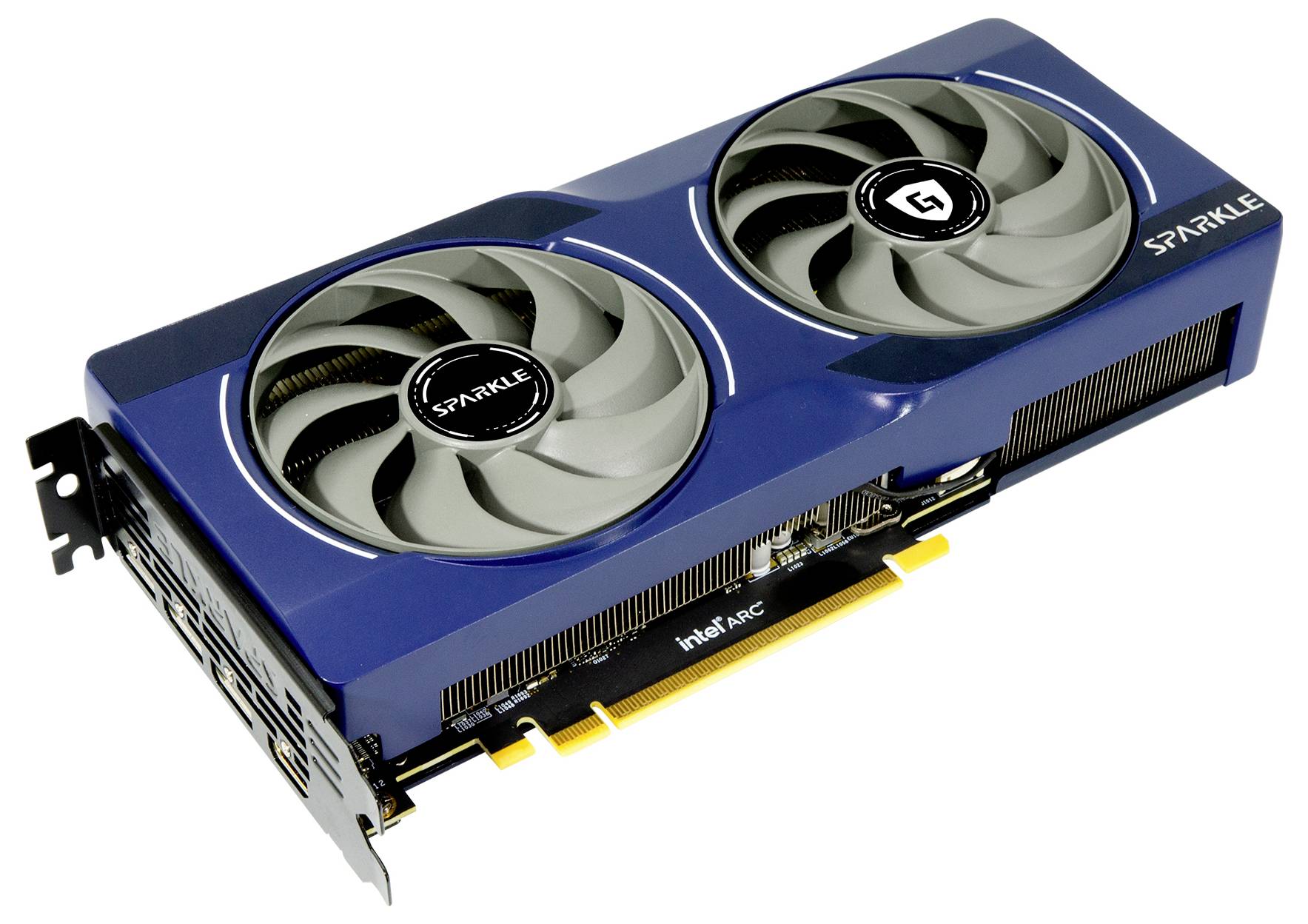 'Grafikkarte mit zwei Lüftern und blauer Abdeckung, der Markenname 'SPARKLE' ist sichtbar.'