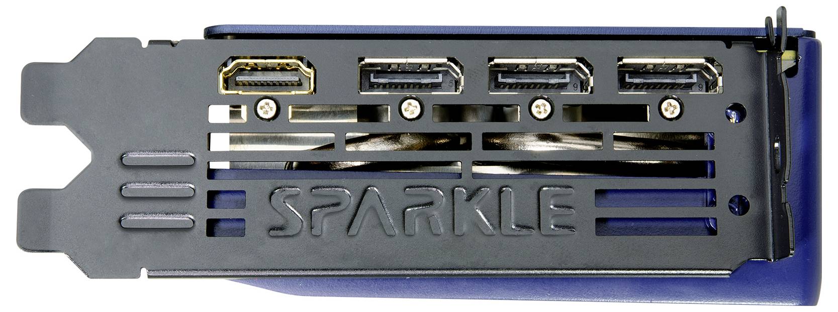 'Grafikkartenanschlüsse von Sparkle: 1x HDMI, 3x DisplayPort, schwarze Abdeckung mit Schriftzug 'SPARKLE'.'