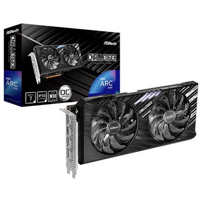 Grafikkarte ASRock ARC A750 Challenger D auf weißem Hintergrund mit Verpackung. Zwei Lüfter sind sichtbar, betont Spieleleistung.