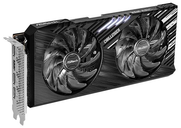 Eine schwarze Computer-Grafikkarte mit zwei großen Lüftern und der Aufschrift 'Challenger'. Anschlüsse sind an der Seite sichtbar.