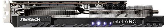 Computer-Grafikkarte von ASRock mit der Aufschrift 'intel ARC', zeigt Kühlkörper und Anschlüsse, Seitenansicht.