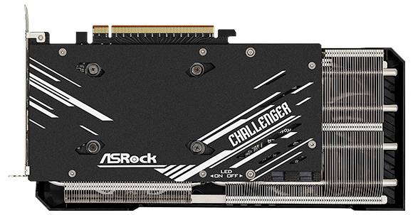 Eine Grafikkarte mit schwarzem Kühlkörper und Beschriftung 'ASRock Challenger'. Die Karte hat mehrere Lüfter und einen PCIe-Anschluss.