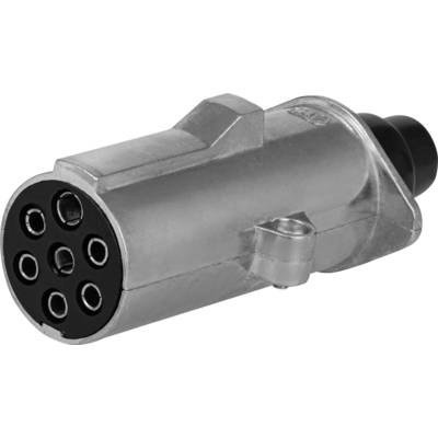 Ein Metallstecker mit sieben runden Kontakten, typischerweise verwendet für Fahrzeuganhänger und Wohnwagen, liegt auf einem weißen Hintergrund.