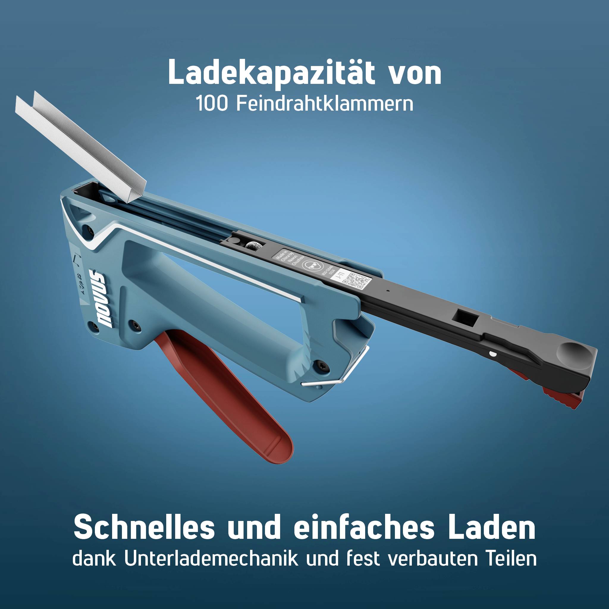 'Heftgerät mit einer Ladekapazität von 100 Feindrahtklammern. Schnelles Laden durch Unterlademechanik und feste Teile.'