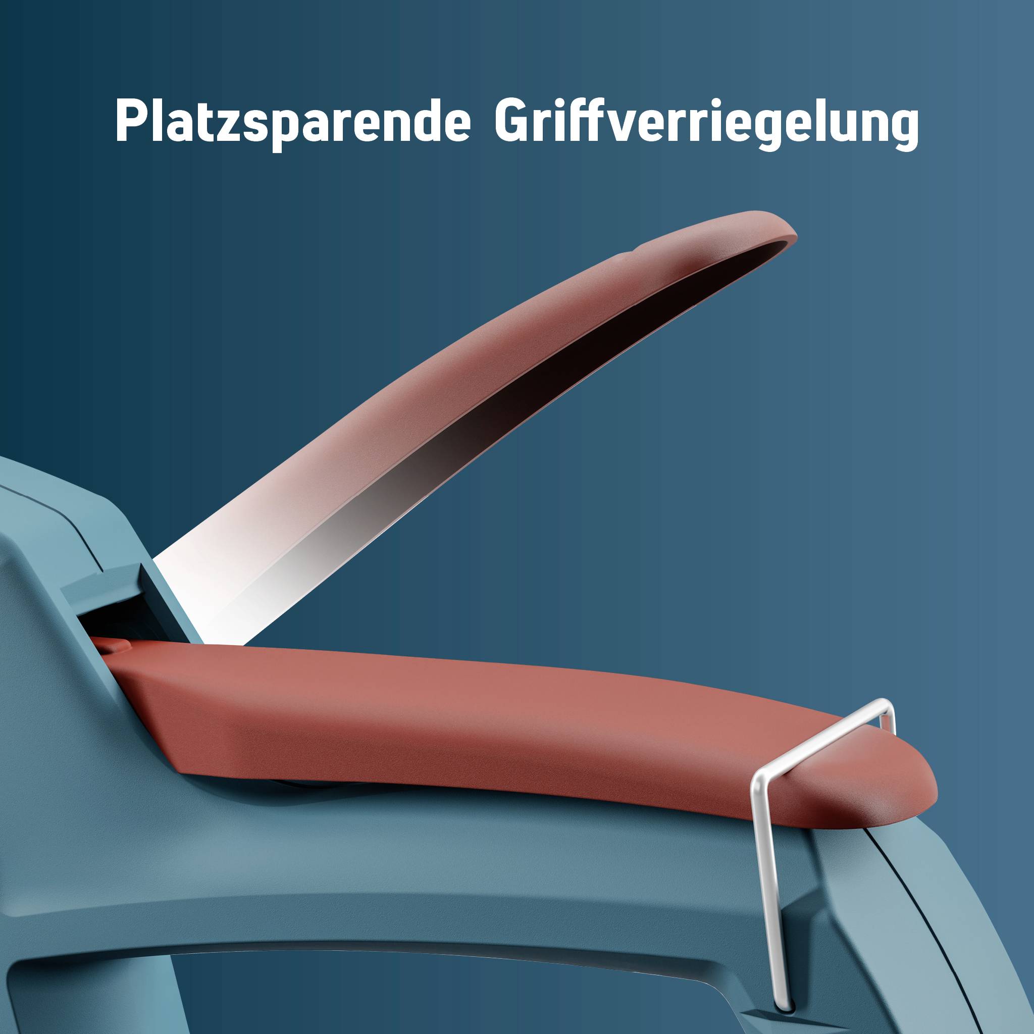 Eine Grafik zeigt eine platzsparende Griffverriegelung. Der rote Griff ist in einer halboffenen Position und betont die kompakte Bauweise.