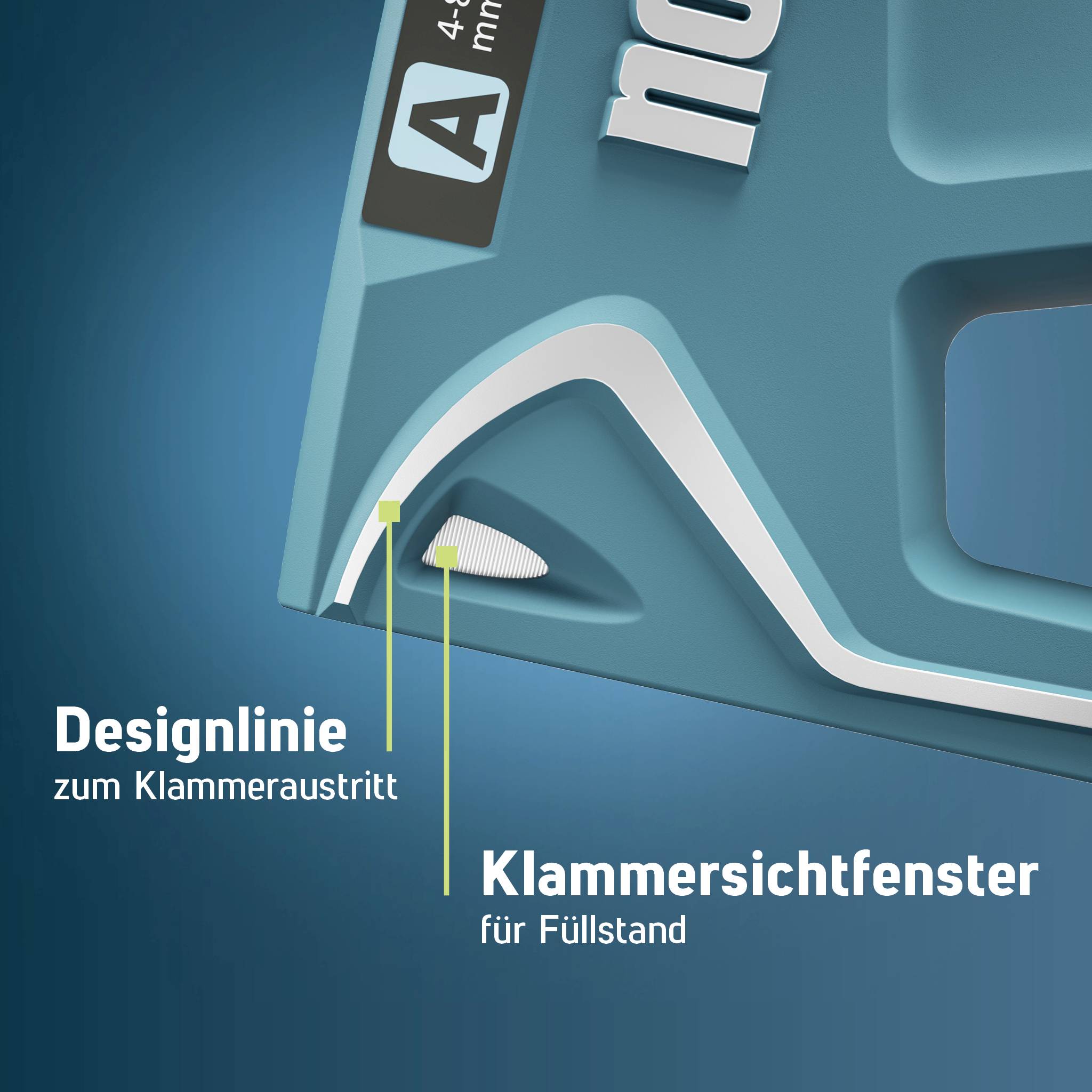 'Designlinie' und 'Klammeraustritt' zeigen wichtige Features eines Geräts. 'Füllstandfenster' dient zur Anzeige des aktuellen Stands.