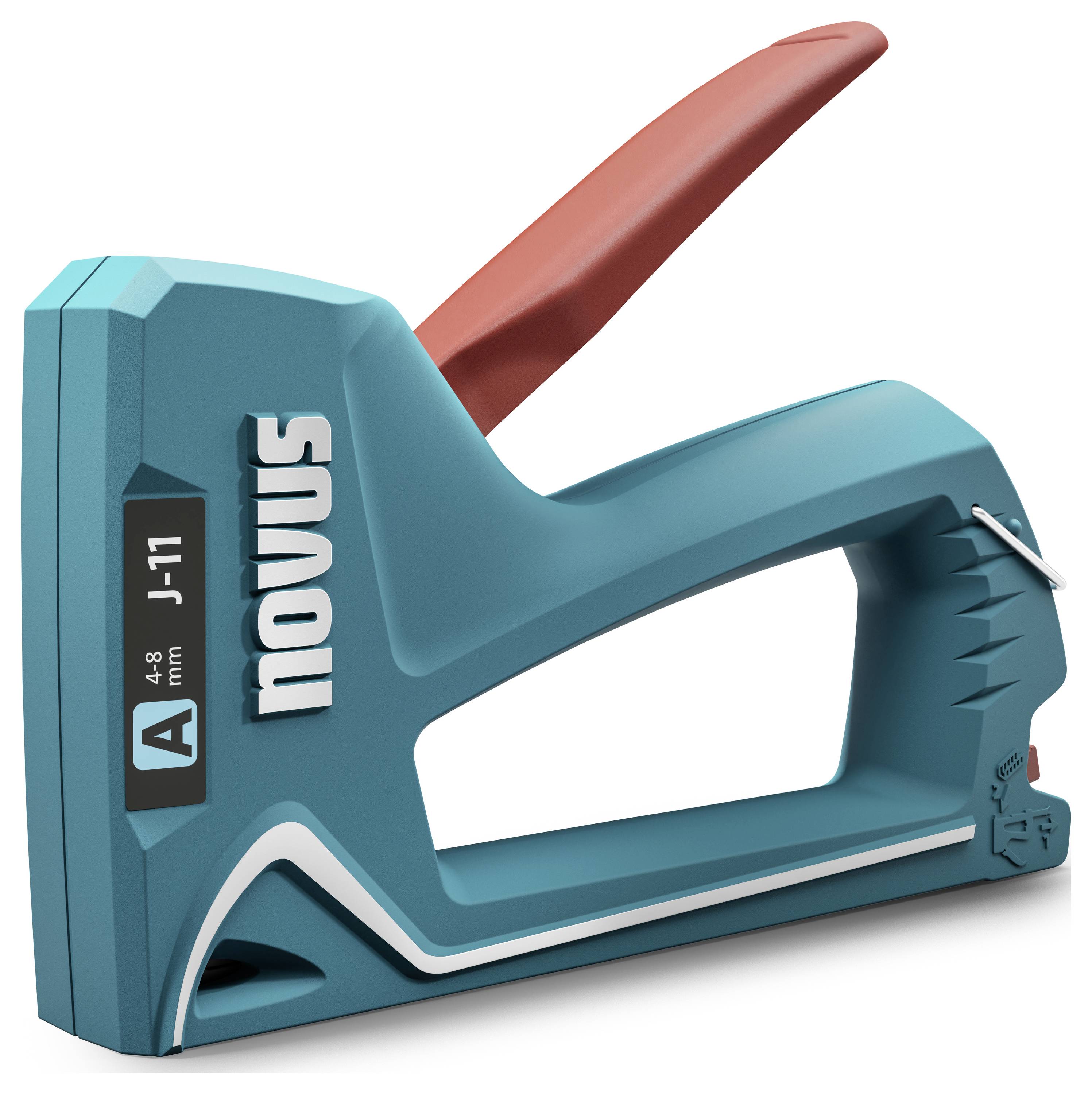 Manueller Tacker in Blau und Orange, Modell 'Novus J-11', geeignet für Heftklammern der Größe 4–8 mm.