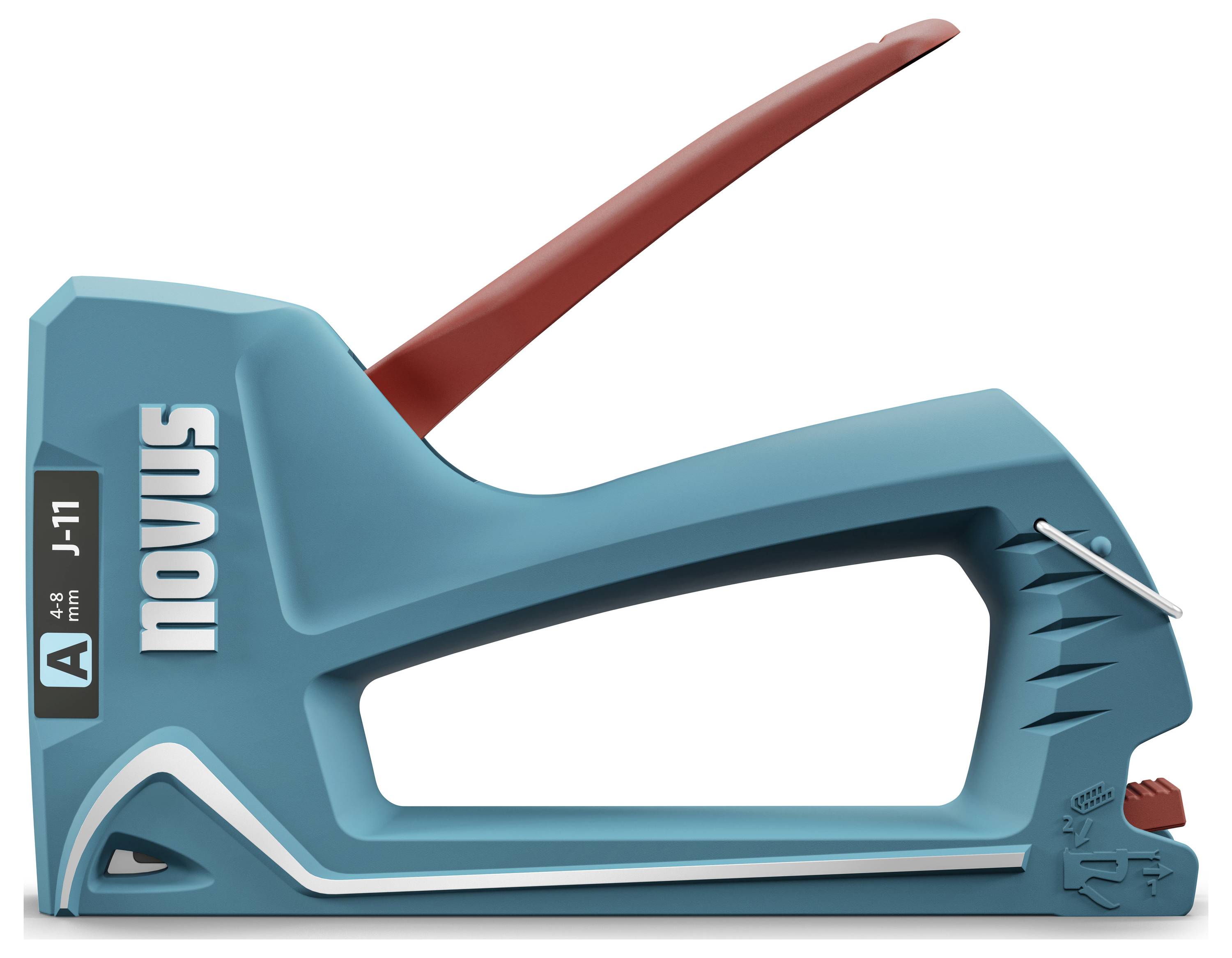 Ein blauer Handtacker der Marke 'Novus' mit rotem Griff und Etikett für Klammergrößen, Modell J-11.