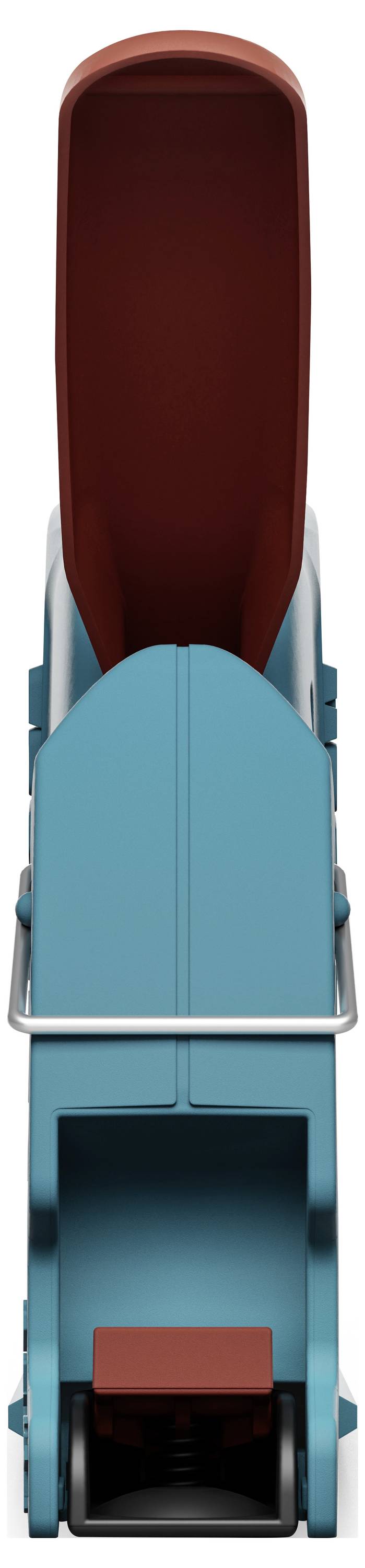 Ein blauer Kinderwagen mit braunem Sitz, von vorne gesehen.