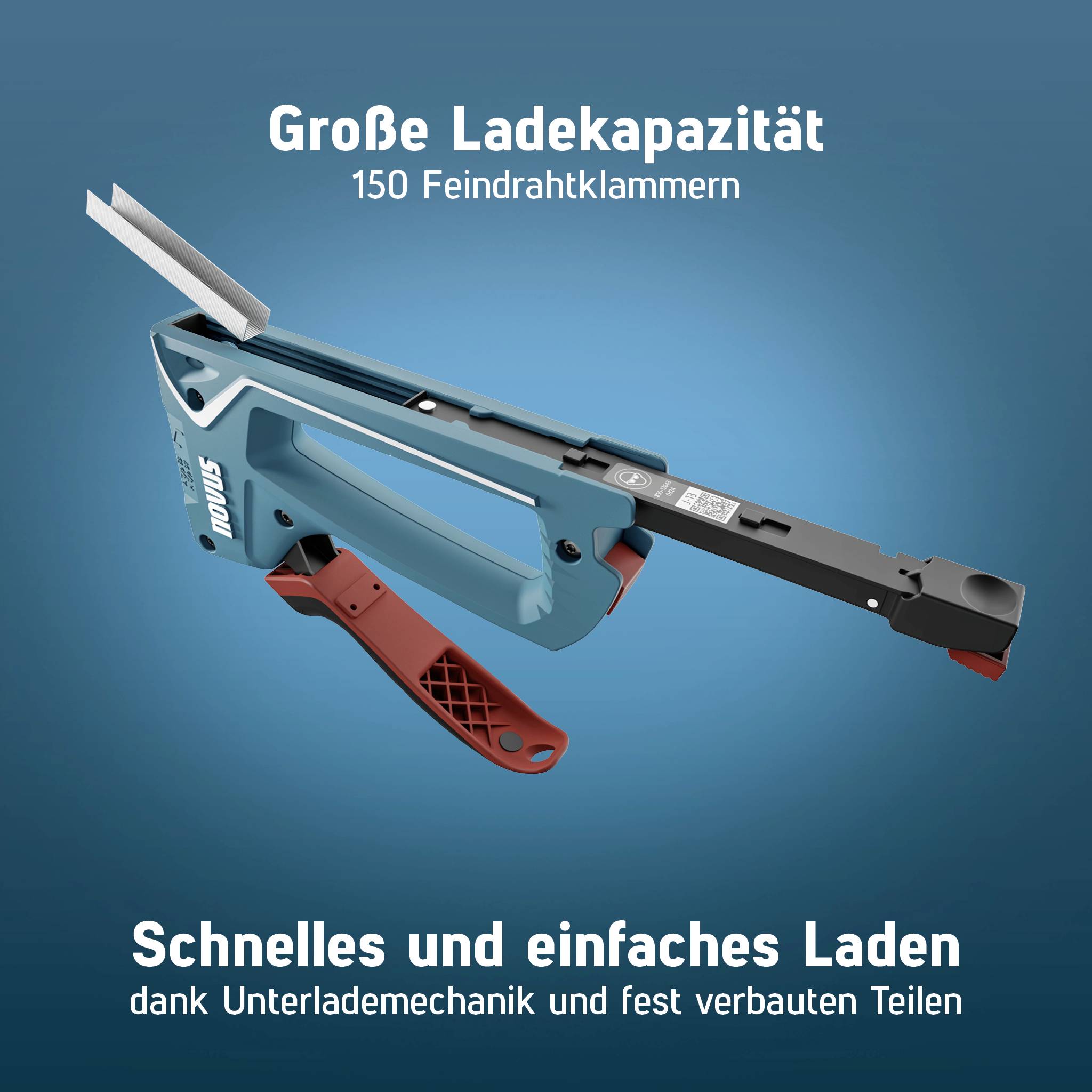 Ladegerät für Feindrahtklammern mit einem Fassungsvermögen von 150 Klammern. Hervorgehoben: einfache Ladefunktion und robuste Bauweise.