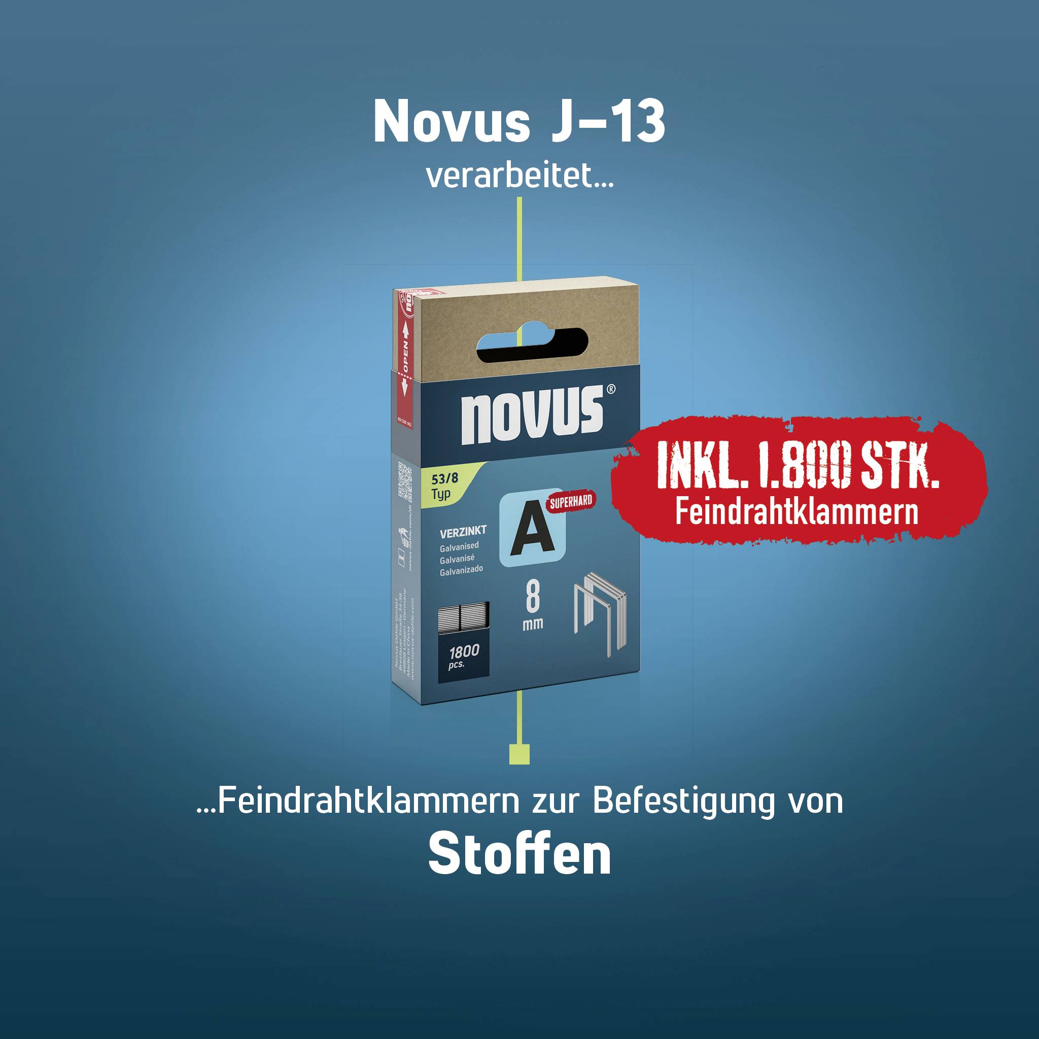 'Novus J-17' Feindrahtklammern-Verpackung mit 1800 Stück, geeignet zur Befestigung von Stoffen. Verpackung ist blau mit roten Details.