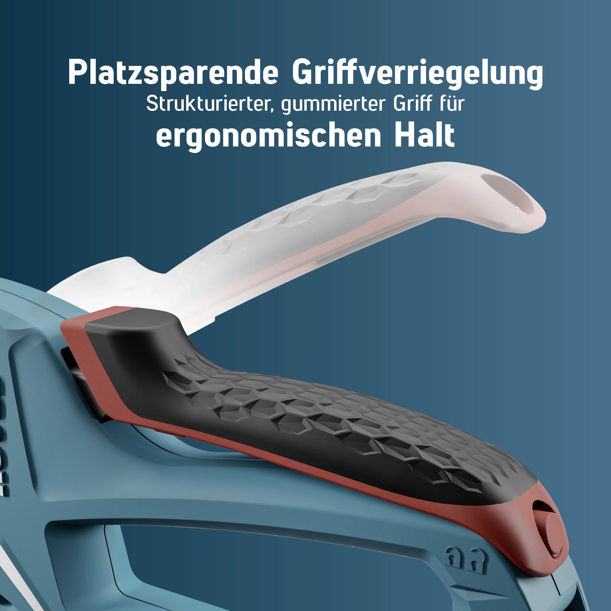 'Sicherheitsschalter für ergonomisches Arbeiten. Platzsparende Griffverriegelung mit strukturiertem, gummiertem Griff für sicheren Halt.'