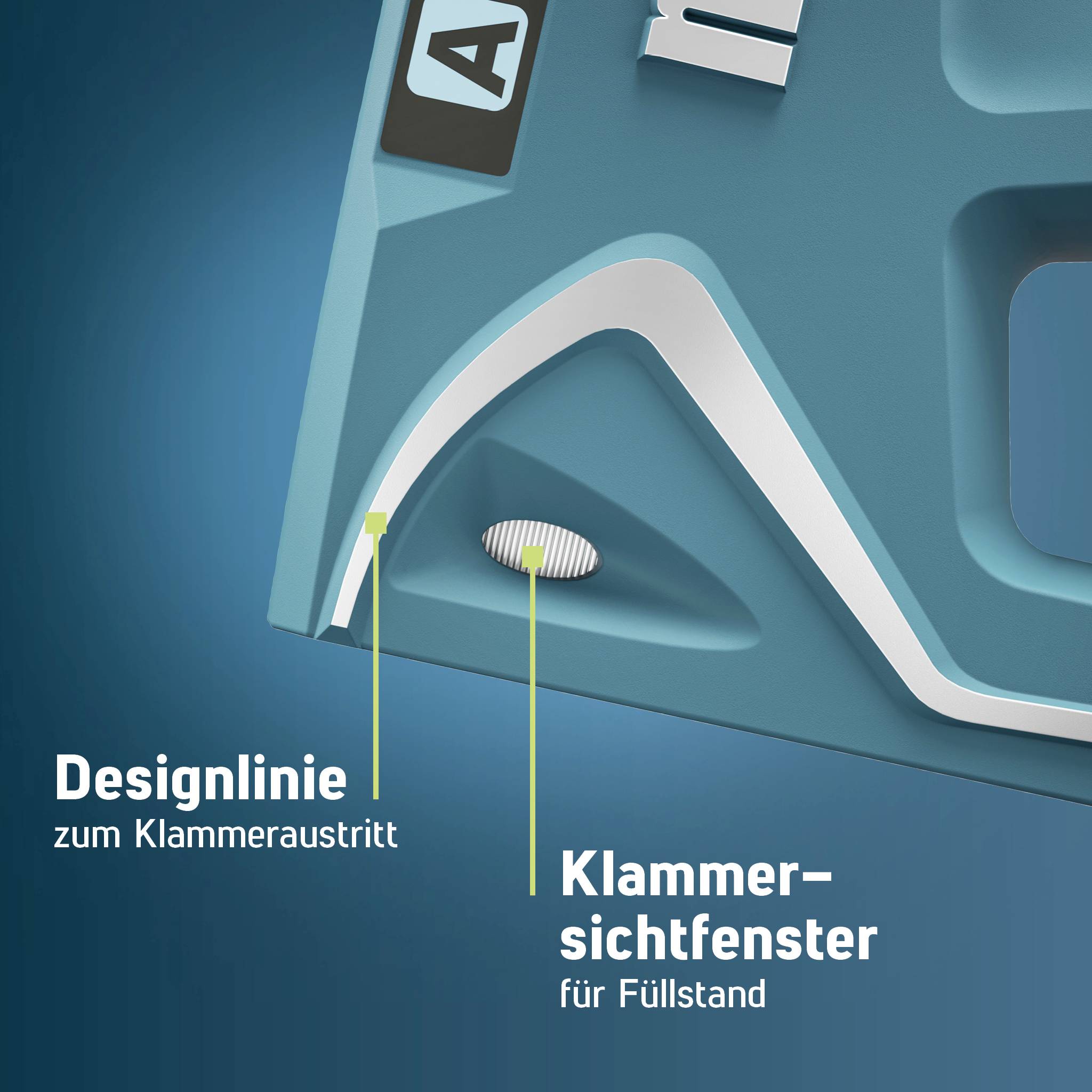 'Designlinie zum Klammeraustritt' und 'Klammer-Sichtfenster für Füllstand' beschreiben Funktionen eines Heftgeräts.