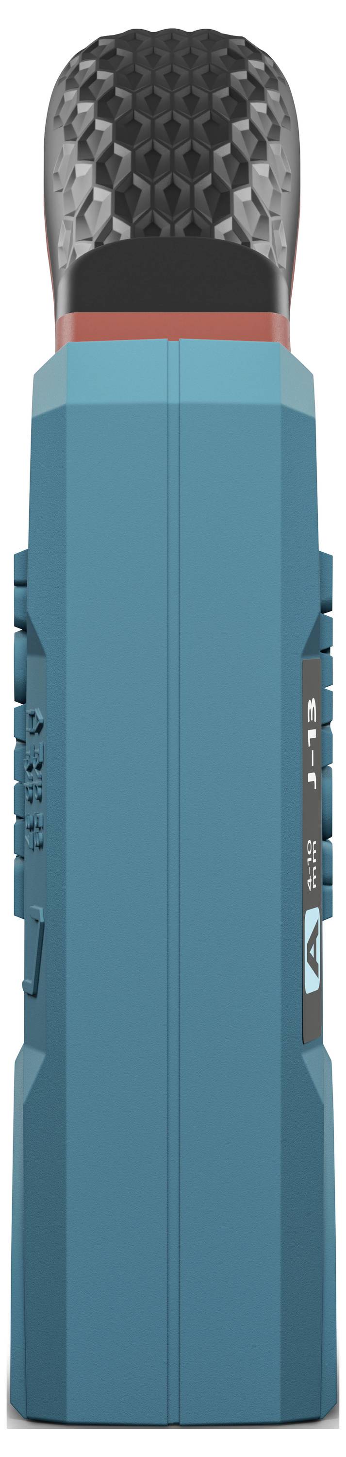 Ein blaues, tragbares Aufnahmegerät mit einem schwarzen Mikrofonaufsatz; Knöpfe und Anzeigen an der Seite sichtbar.