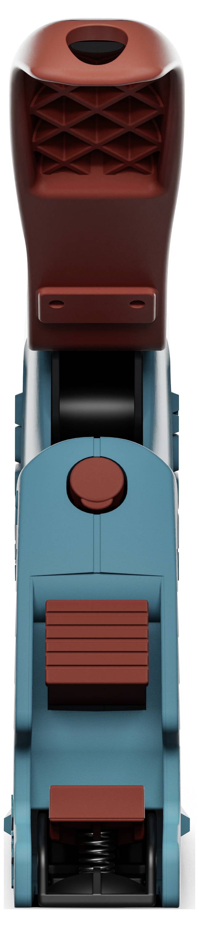 Ein türkisfarbener und roter Ratschenmechanismus, von oben betrachtet, mit sichtbarem Griff und Spanngurt-Riemen.