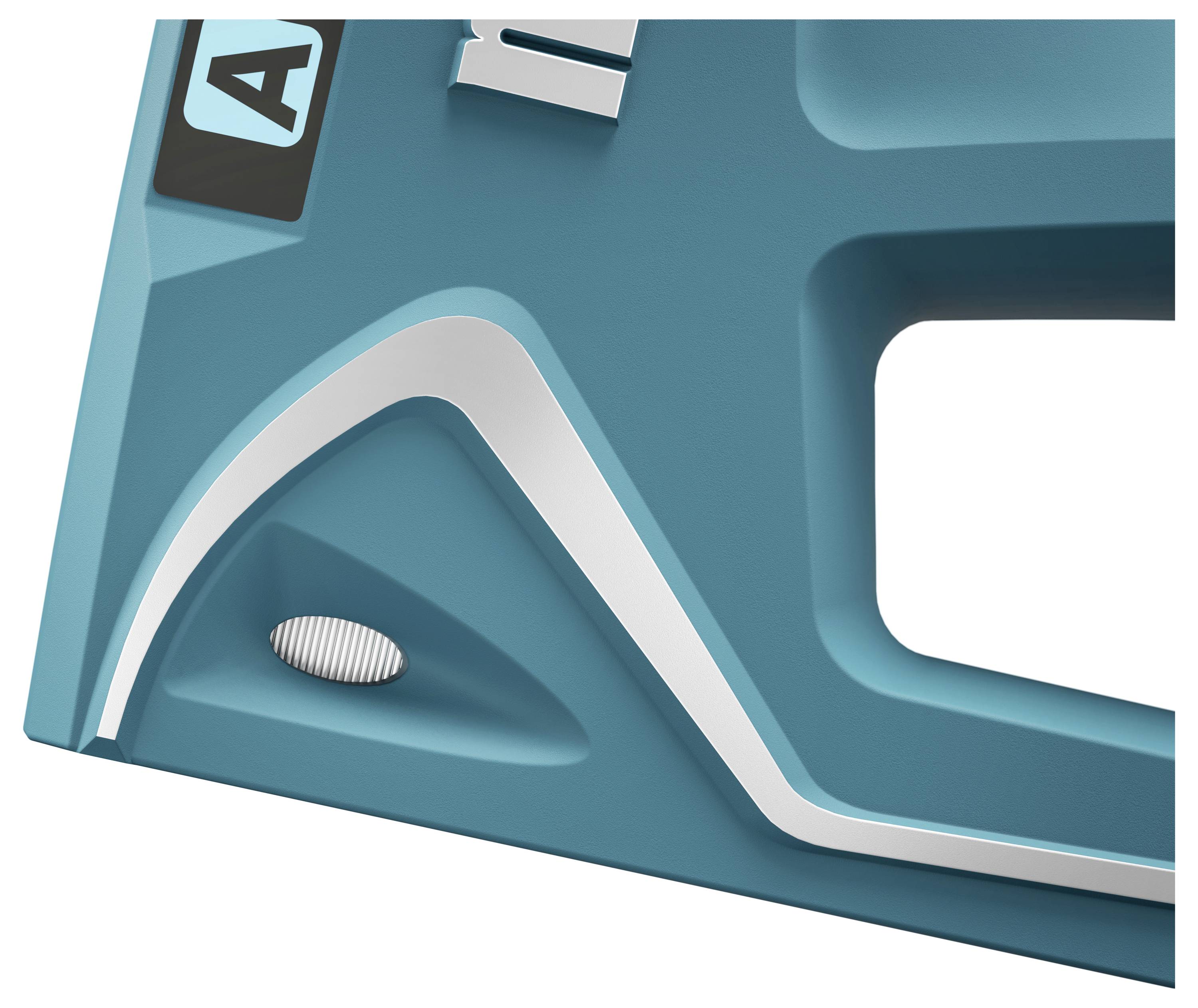 Nahaufnahme eines Teils eines blauen Kunststoffgehäuses mit weißem Akzent und einem geriffelten ovalen Element.